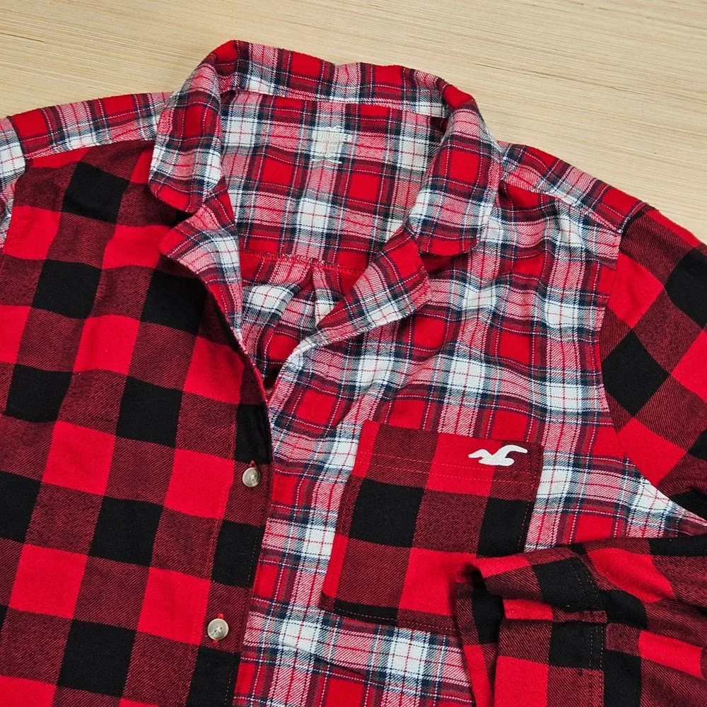Hollister Sleep Top Women L Red Patchwork Buffalo Plaid Button Up Pajama Shirt
